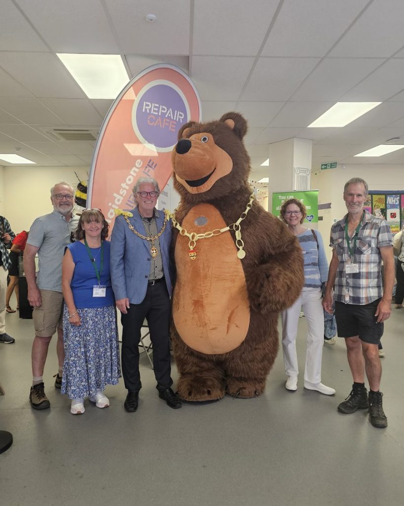 The Mayor of Maidstone and the Maidstone CAN mascot bear with the team at the Eco Hub