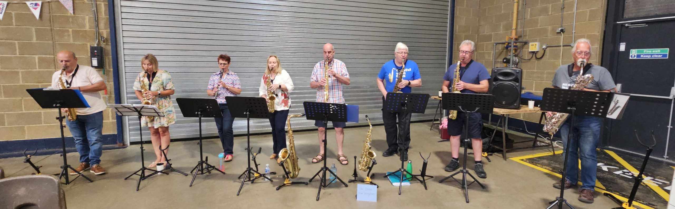 The Ocean Blue Irregulars saxophone group playing at the Maidstone Repair Café in September
